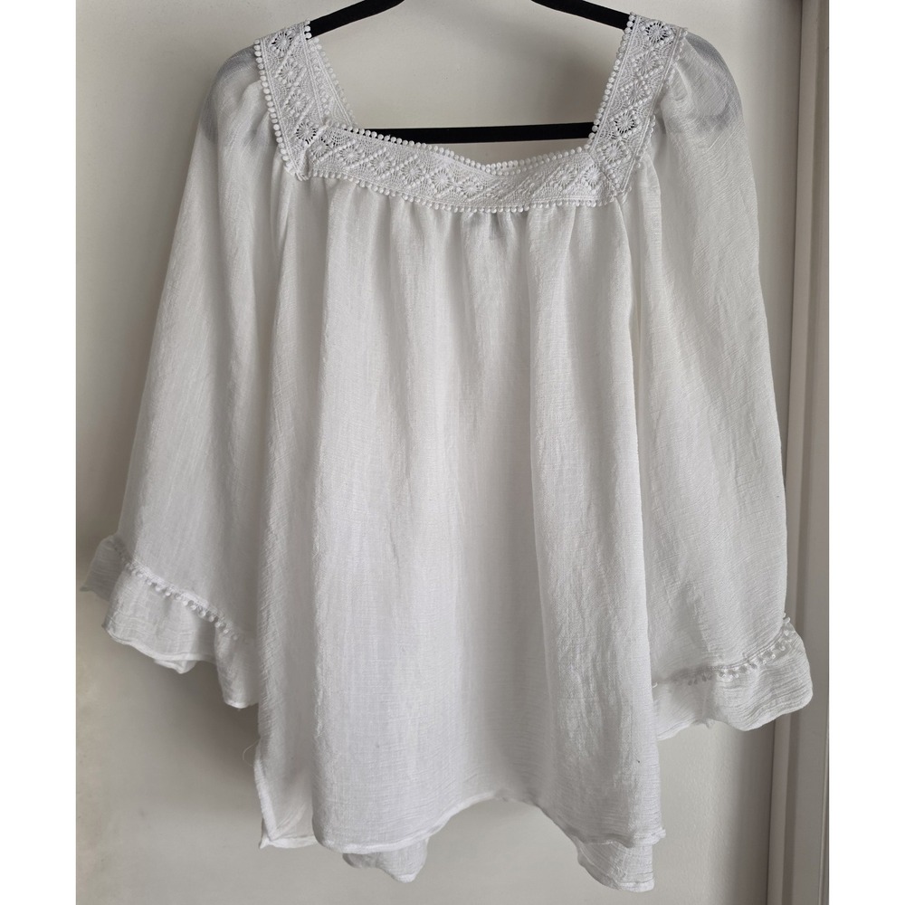 Zac & Rachel Blouse Women 2X White Square Neck 3/4 Sleeve Boho Top Shirt